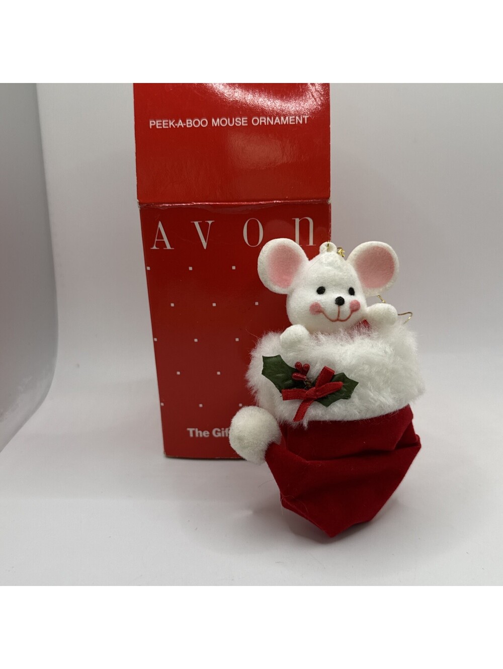 Vintage Avon Christmas Ornament Peek-A-Boo Mouse Ornament Red Santa's Hat W/ Box